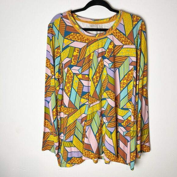 LOGO by Lori Goldstein Tops - LOGO by Lori Goldstein Rayon 230 Printed Long Sleeve Top Gold Fusion XL​